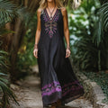 Bohemian Lavender Embroidery Sleeveless  Cozy Linen Maxi Dress elevenforest