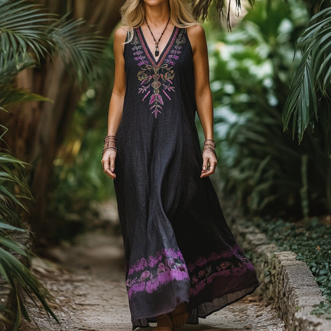 Bohemian Lavender Embroidery Sleeveless  Cozy Linen Maxi Dress elevenforest