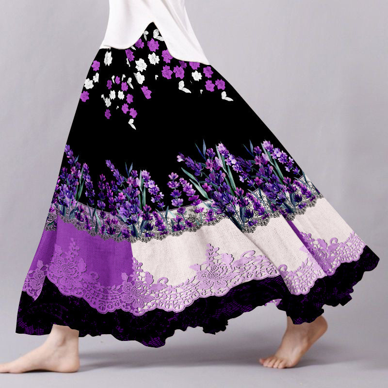 Vintage Lavender Gradient Lace Art Embroidered Pattern Flowy Wide Skirt elevenforest