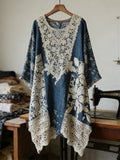 Vintage Lace Patchwork Floral Linen Women's Long Sleeve Midi Dress elevenforest