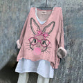 Women's Cute Bunny Embroidery Pattern Linen Blend Shirt elevenforest