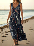 Women's Flower Art Print Pocket V Neck Cotton Dress