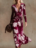 Elegant vintage print V-neck velvet maxi dress