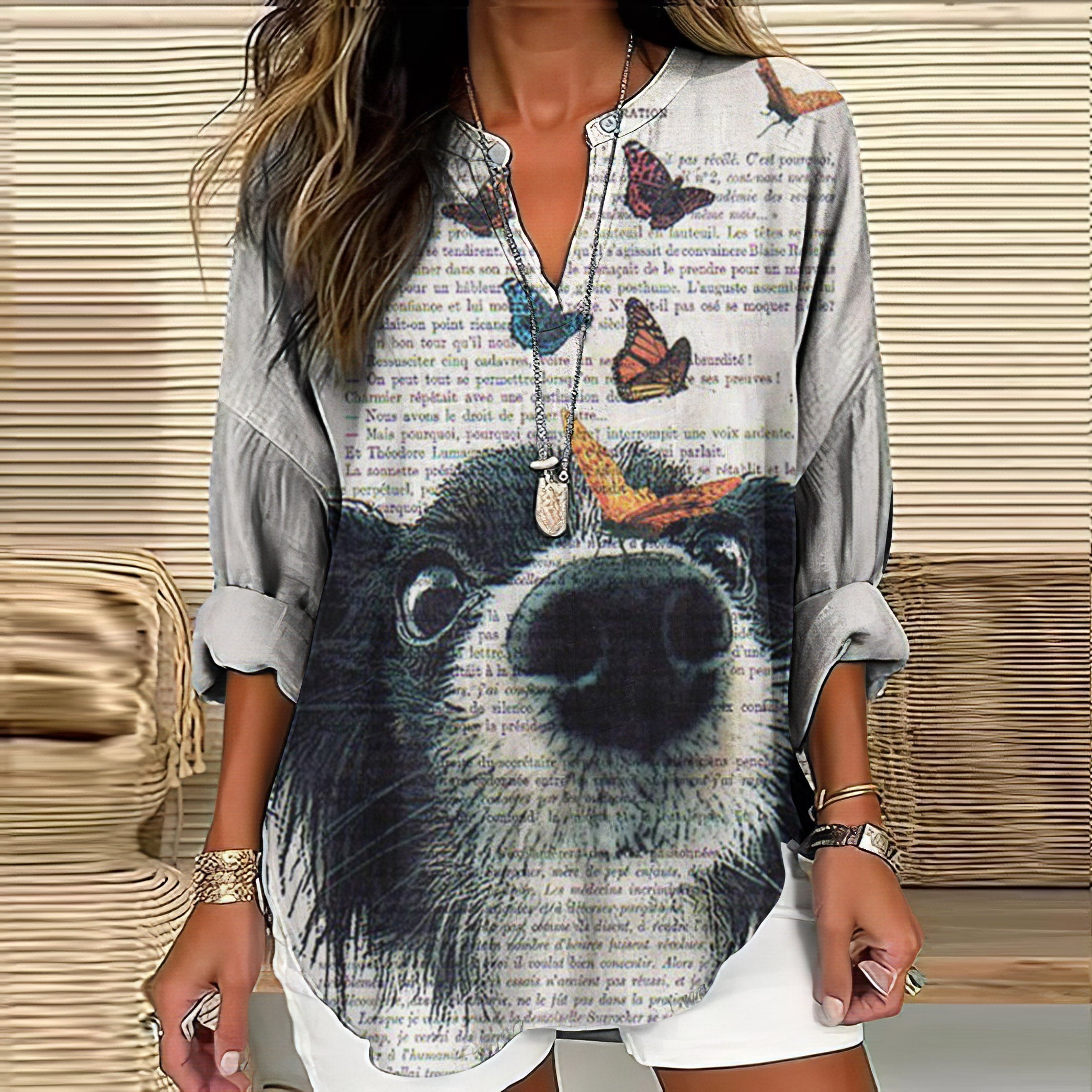 Butterfly And Dog Playing Print Women's Shirt elevenforest