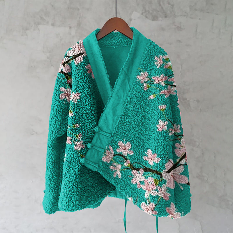 Vintage Japanese Sakura Art Pattern Plush Cardigan elevenforest