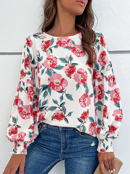Long Sleeves Loose Elasticity Flower Print Round-neck Blouses&shirts Tops