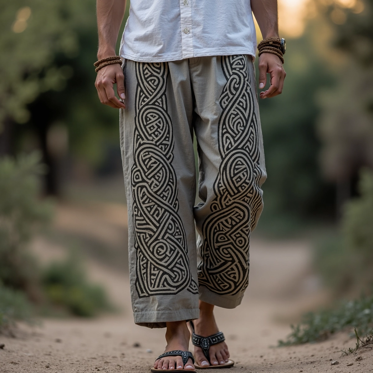 Tribal Viking Celtic Knot Art Linen Long Loose Wide-leg Pants elevenforest