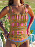 Women's Retro Ethnic Stripe Pattern Print Summer Beach Halter Top And Triangle Briefs Tankini Set