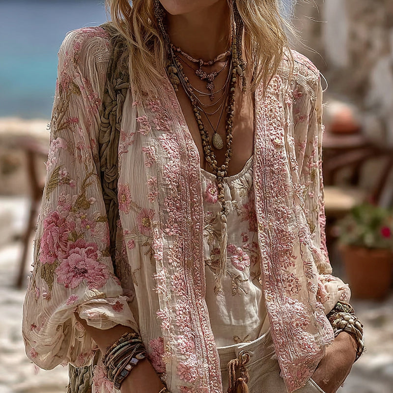 Women's Vintage Bohemian Floral Linen Cardigan elevenforest