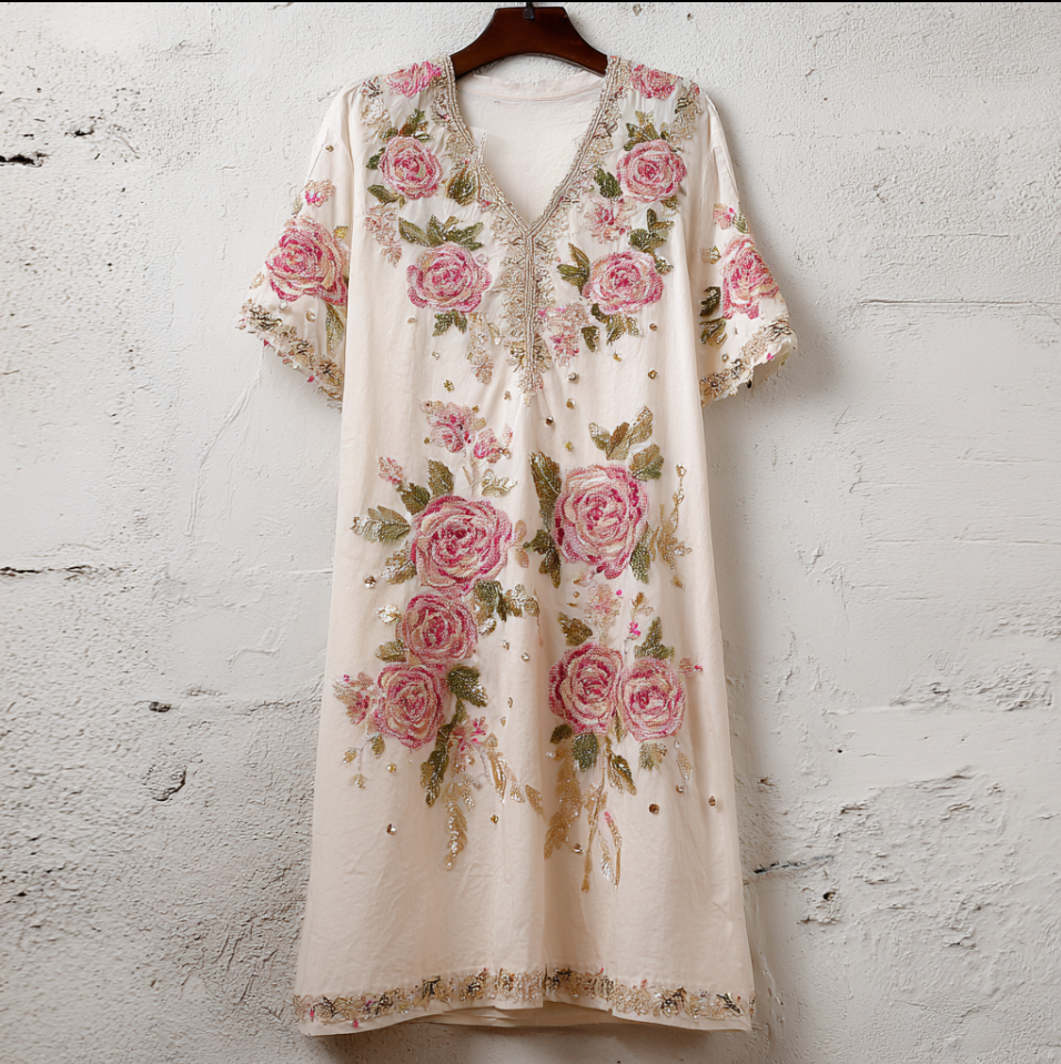 Bohemian Style Pink Rose Print V-neck Dress elevenforest