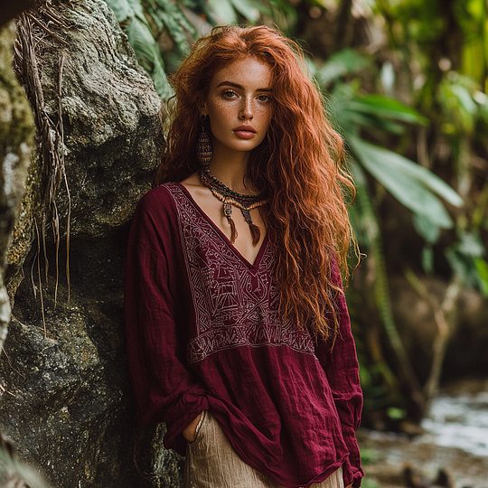 Bohemian Tribal Embroidery Print Cotton And Linen Blend Loose Blouse elevenforest