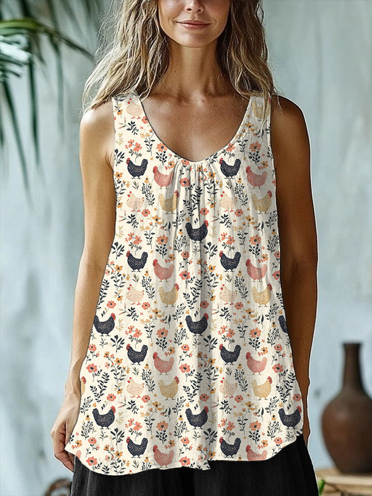 Farm Chicken & Floral Print Ruffled Linen Tank Top elevenforest