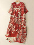 Vintage Japanese Floral Art Printed Casual Midi Dress