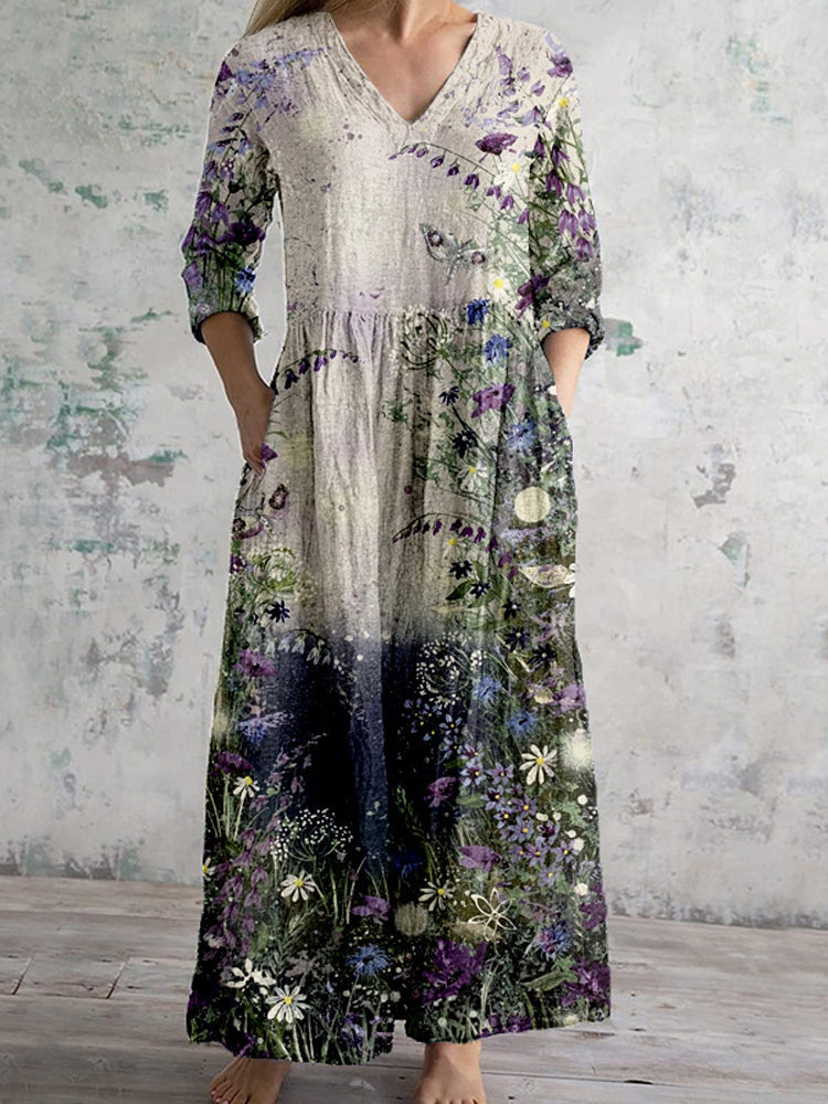 Comstylish Vintage Floral Art Pattern Linen Blend Maxi Dress