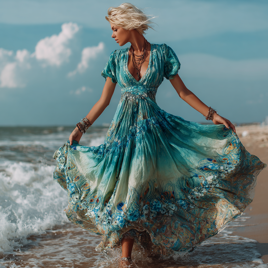 Bohemian Style Retro Peacock Feather And Plant Flower Pattern Women's Casual Cotton And Linen Dress elevenforest