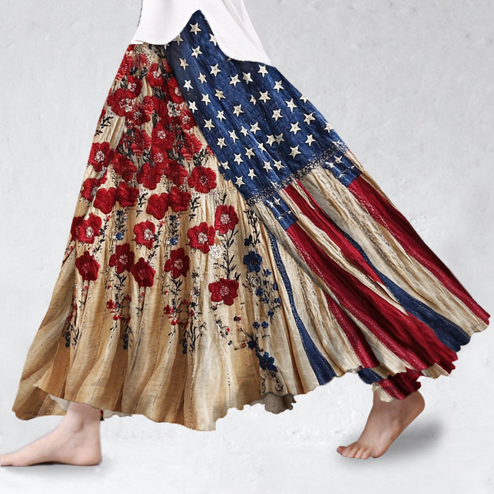 Vintage Flag Inspired Flower Embroidered Flowy Linen Skirt elevenforest