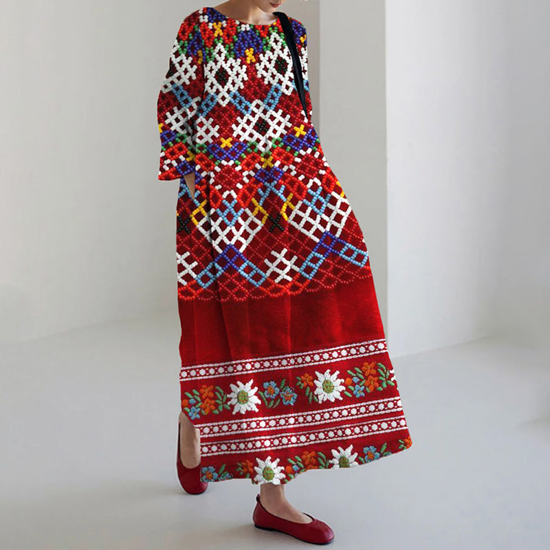 Comstylish Greenland National Costume Inspired Pattern Linen Maxi Dress