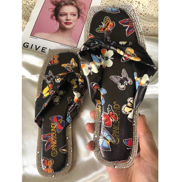 Rhinestone Bow Print Slippers Dc339
