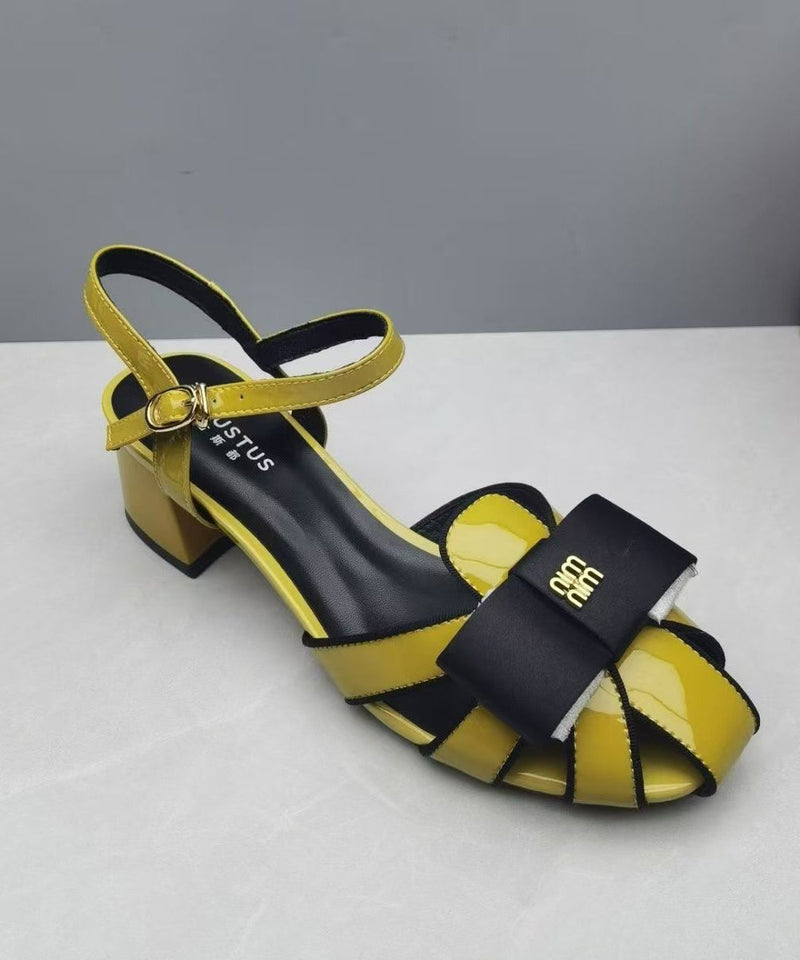 Faux Leather Yellow Splicing Buckle Strap Hollow Out Sandals Ag1020