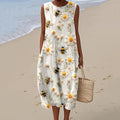 Women's Daisy Bee Embroidery Art Print Crew Neck Tank Midi Dress elevenforest
