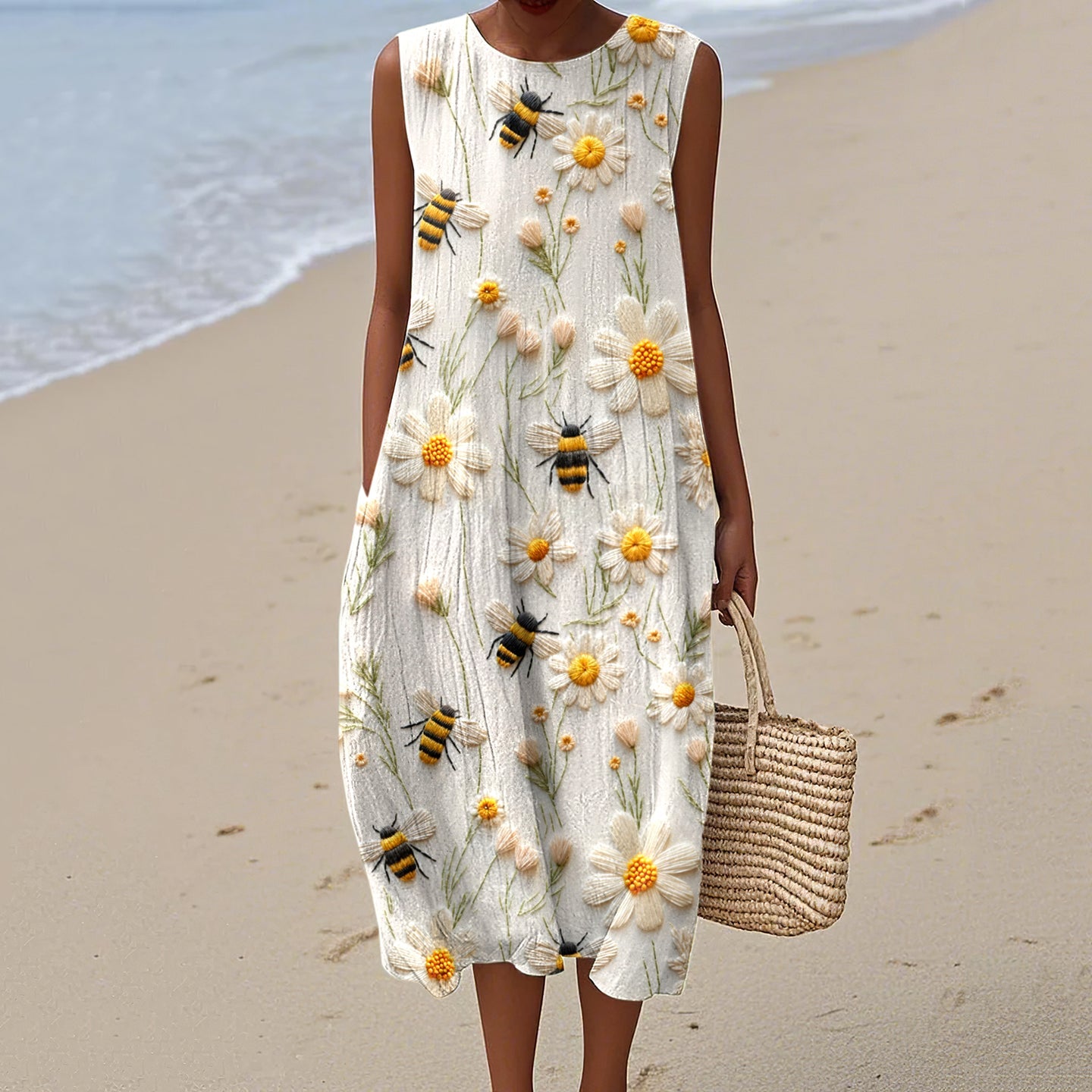 Women's Daisy Bee Embroidery Art Print Crew Neck Tank Midi Dress elevenforest