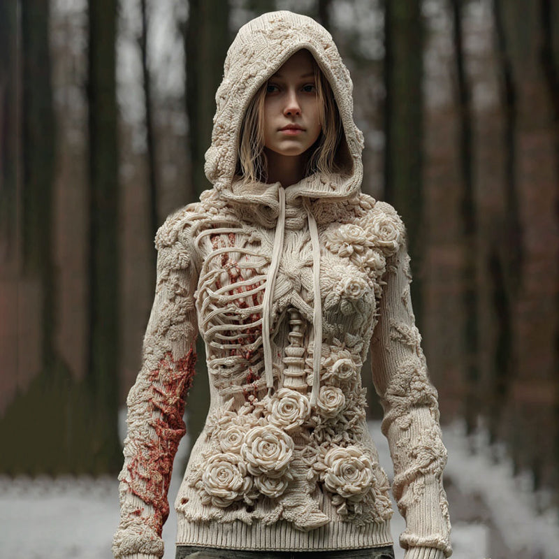 Comstylish Women's Vintage White Skeleton & Rose Art Cozy Hooded Sweater