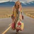 Women's Vintage Patchwork Floral Art Cozy Knit Hooded Long Cardigan elevenforest