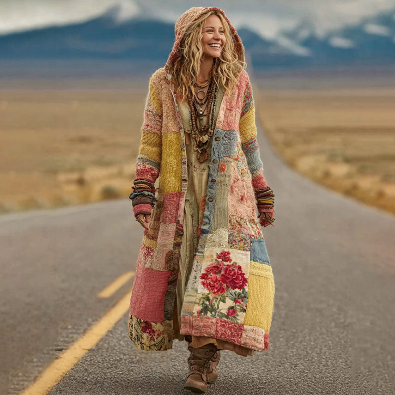 Women's Vintage Patchwork Floral Art Cozy Knit Hooded Long Cardigan elevenforest