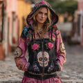 Day Of The Dead Sugar Skulls Roses Colorblock Full Zip Hoodie elevenforest