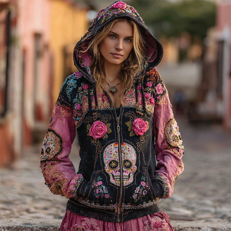 Day Of The Dead Sugar Skulls Roses Colorblock Full Zip Hoodie elevenforest