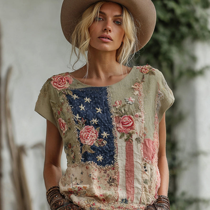 Western Cowboy Style American Flag Floral Patchwork Vintage Linen Round Neck T Shirt  In The Countryside elevenforest