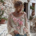 Women's Vintage Pink Flower Embroidery Art Long Sleeve Linen Blend T-shirt elevenforest