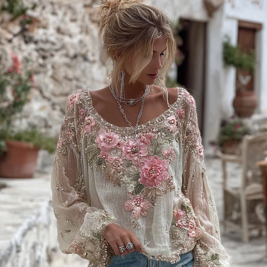 Women's Vintage Pink Flower Embroidery Art Long Sleeve Linen Blend T-shirt elevenforest