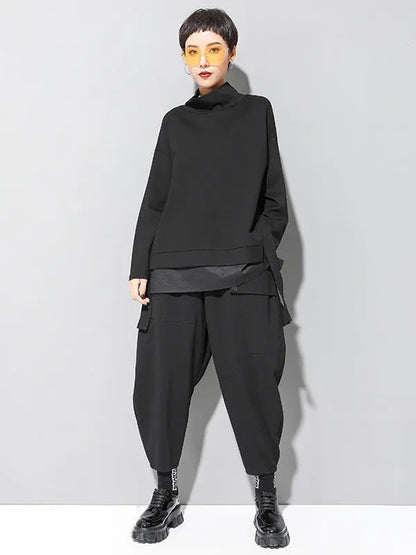 Black False-two Split-joint High-neck Sweatshirt T-shirt