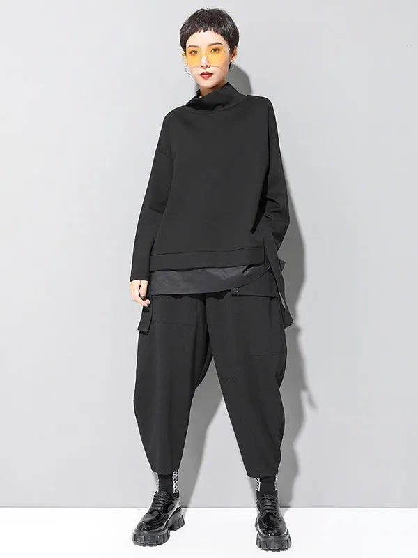 Black False-two Split-joint High-neck Sweatshirt T-shirt