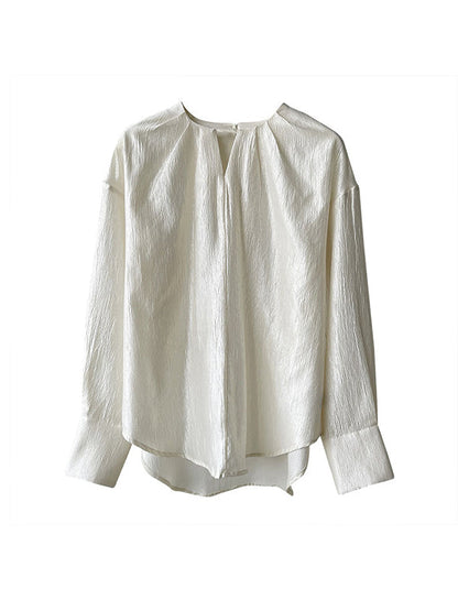 Long Sleeves Loose Hollow Shiny Color Round-neck Blouses&shirts Tops