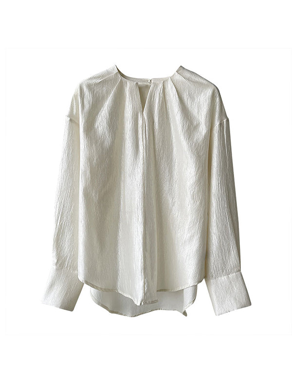 Long Sleeves Loose Hollow Shiny Color Round-neck Blouses&shirts Tops