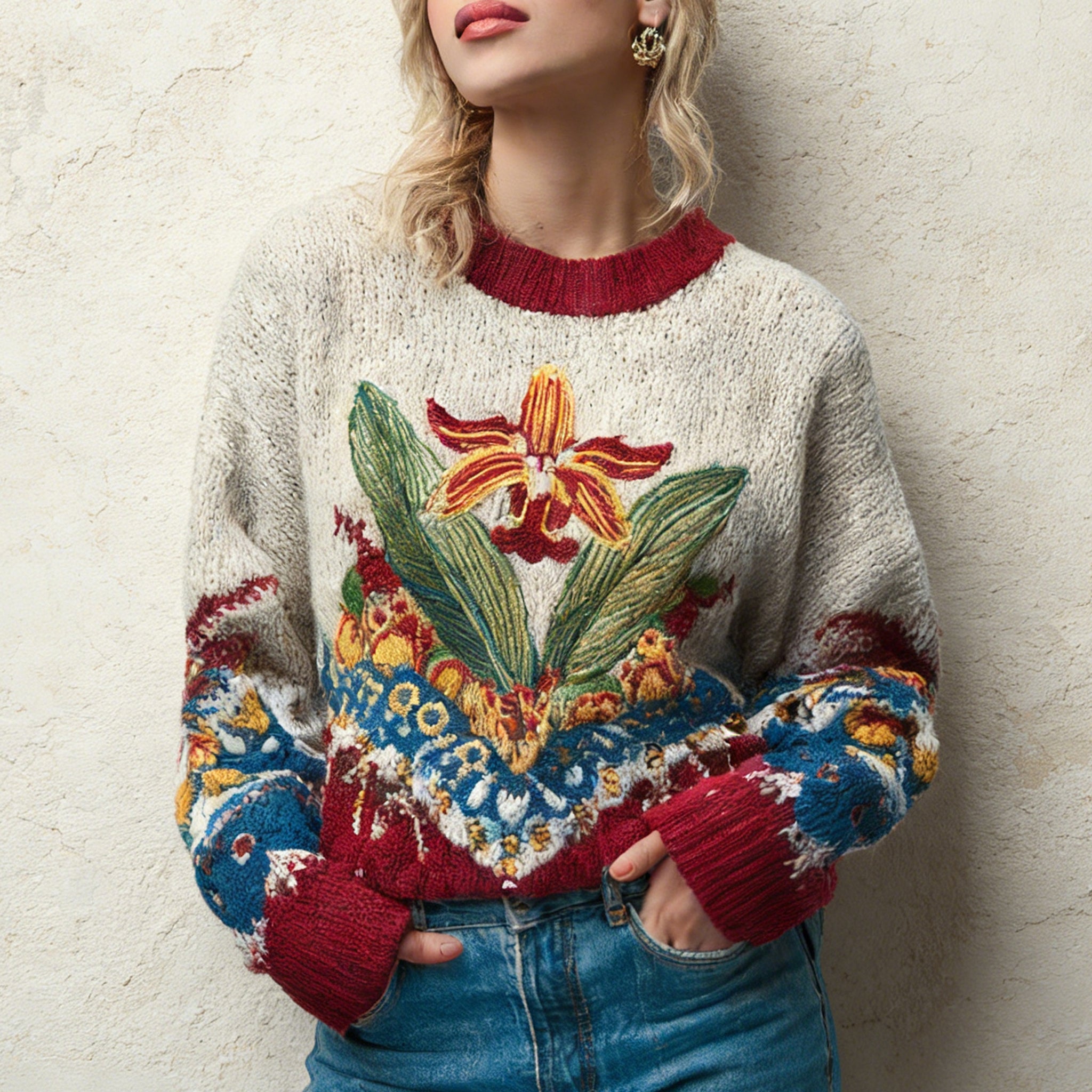 Retro Venezuela Inspired Cattleya Mossiae Contrast Cozy Knit Sweater elevenforest