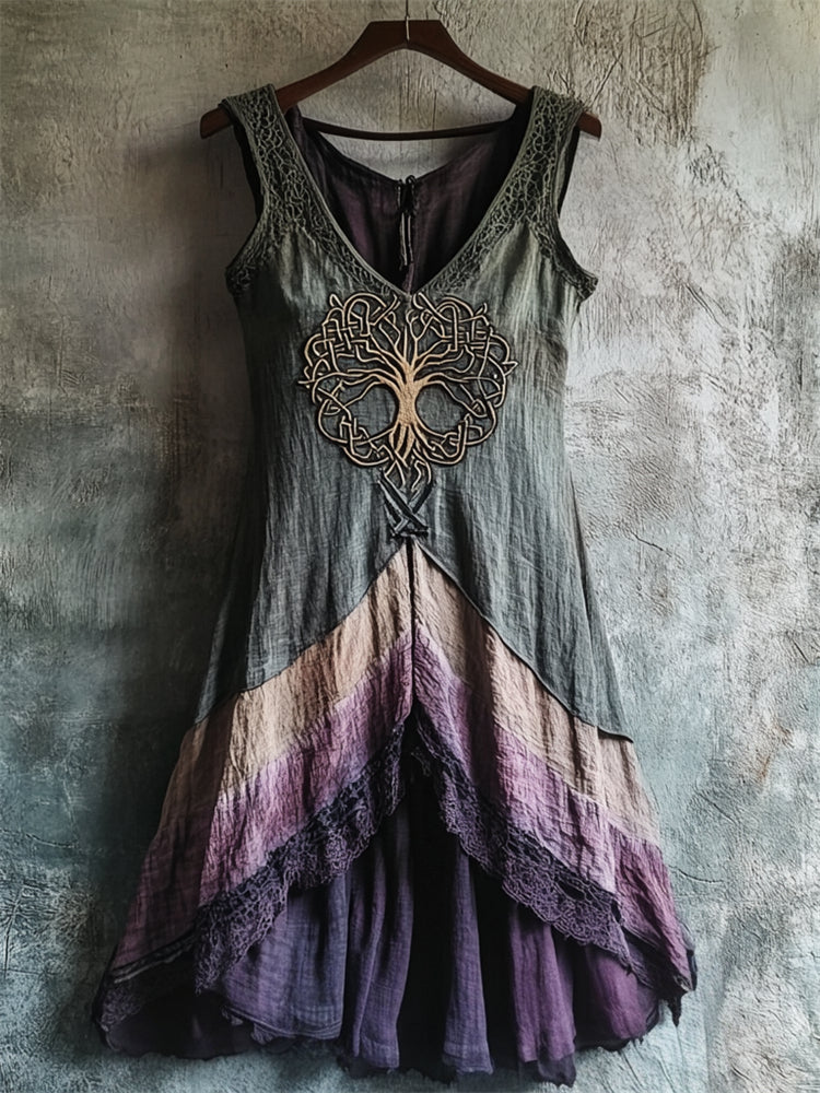 Vintage Tree Of Life Lace Hem Layered Dyed Linen Dress elevenforest
