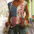 Comstylish Women's Vintage Independence Day Flag Floral Vest