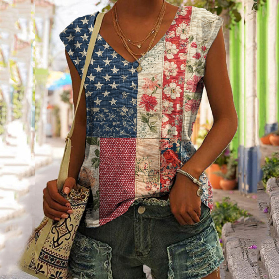 Comstylish Women's Vintage Independence Day Flag Floral Vest