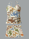 Color Flower V-Neck Vintage Flowers Print Suspender Skirt Tankini Pantskirt Set Swimsuit