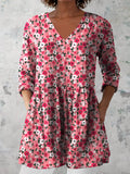 Women's Retro Floral Art Print Casual Cotton And Linen V-neck Top