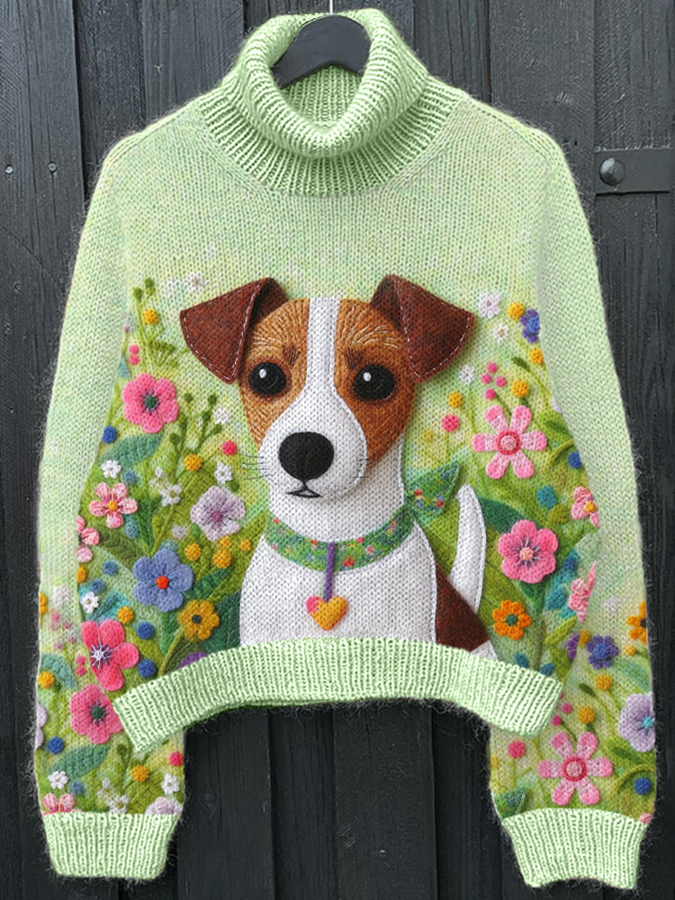 Comstylish Jack Russell Terrier Dog & Floral Felt Art Cozy Knit Sweater