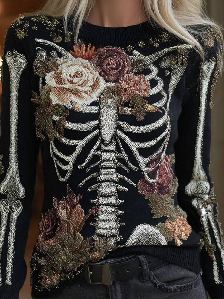 Comstylish Halloween Skeleton And Plant Flower Pattern Combined Design Women's Knitted Sweater