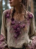 Bohemian Style Round Neck Long Sleeve 3d Purple Flower Design Cotton And Linen Top For Women elevenforest