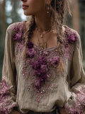 Bohemian Style Round Neck Long Sleeve 3d Purple Flower Design Cotton And Linen Top For Women elevenforest