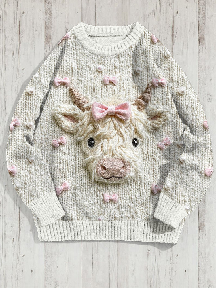 Cute Highland Cow Coquette Bow Knitted Cozy Sweater artswardrobe