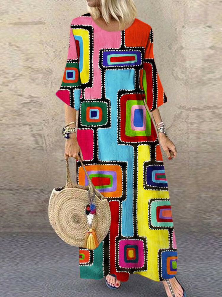 Geometric Abstract Art Women's Linen Maxi Dress elevenforest
