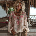 Women's Vintage Pink Floral Embroidery Art Linen Blend T-shirt elevenforest